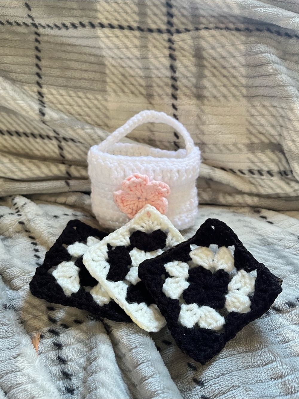 Handmade (by me) Crochet Coasters and Small Basket Set - Black, White, Pink